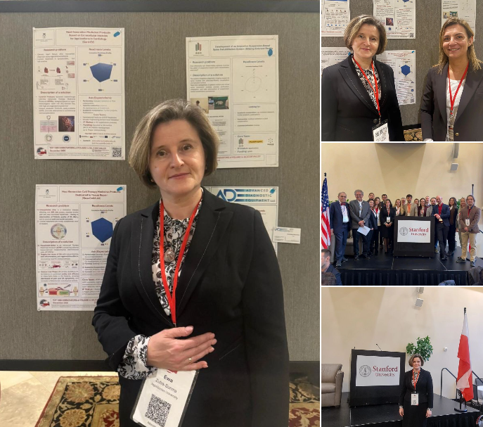 Professor Ewa Zuba-Surma from the Jagiellonian University during the Poland’s Top 1000 Innovators visit to Silicon Valley – standing in front of scientific posters and at the Stanford University podium, pictured alone and with fellow participants and colleagues from Jagiellonian University and CITTRU