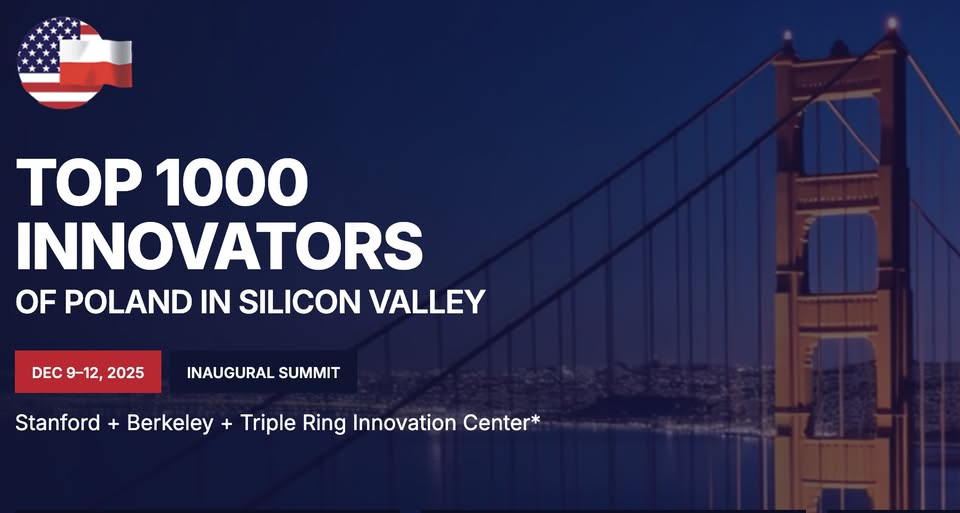 A promotional banner for the event ‘Top 1000 Innovators of Poland in Silicon Valley,’ featuring the Golden Gate Bridge at night. The banner states the inaugural summit dates, December 9–12, 2025, and lists locations: Stanford, Berkeley, and Triple Ring Innovation Center. A small graphic of combined Polish and U.S. flags appears in the corner.