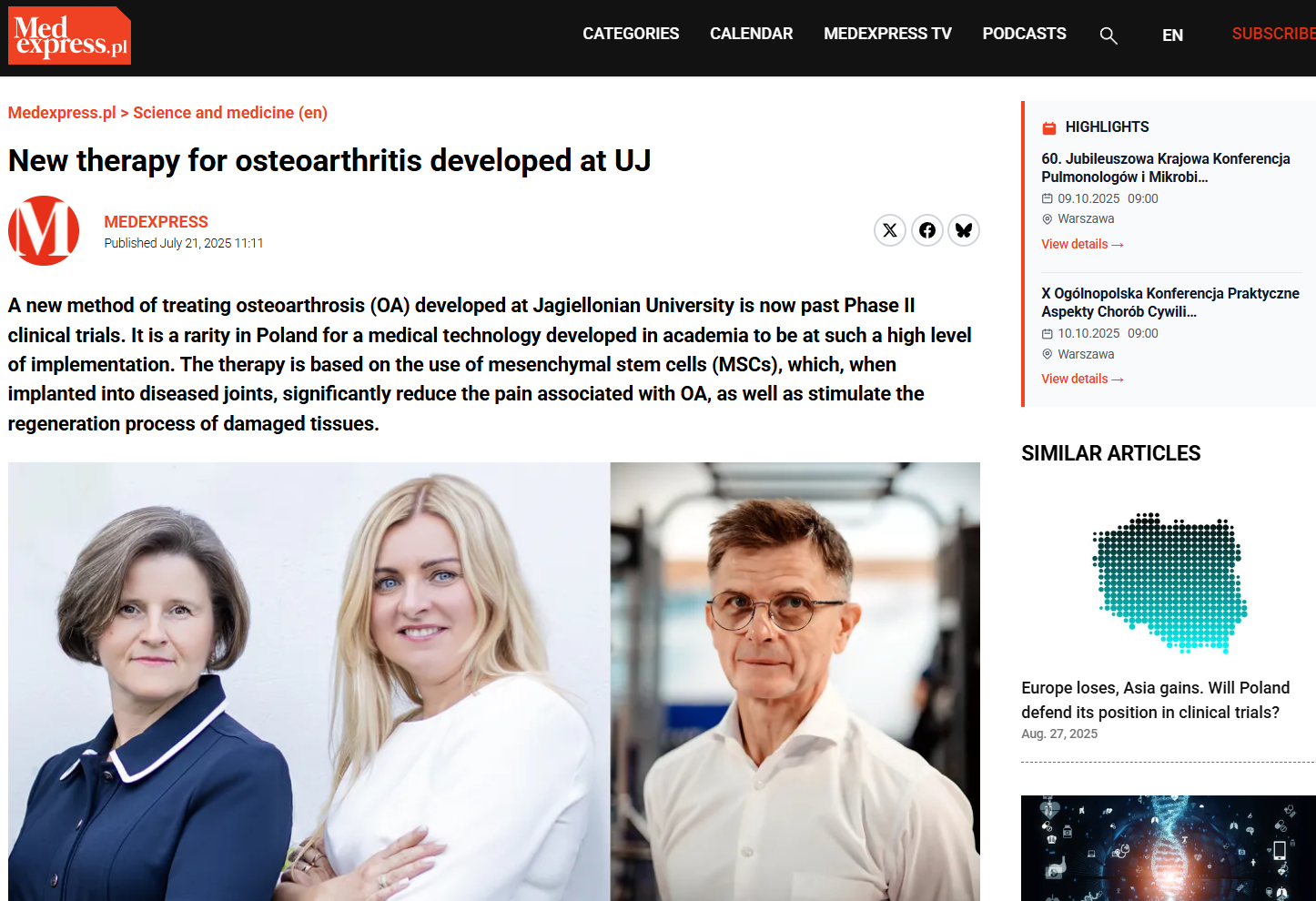 Zrzut ekranu artykułu Medexpress.pl pt. ‘New therapy for osteoarthritis developed at UJ’. Tekst opisuje nową metodę leczenia choroby zwyrodnieniowej stawów opracowaną na Uniwersytecie Jagiellońskim, opartą na wykorzystaniu mezenchymalnych komórek macierzystych (MSCs), które redukują ból i wspomagają regenerację tkanek. Poniżej widoczne są trzy portrety – dwóch kobiet (prof. Ewa Zuba-Surma oraz dr Anna Łabędź-Masłowska) i mężczyzny (Prof. Krzysztof Ficek).