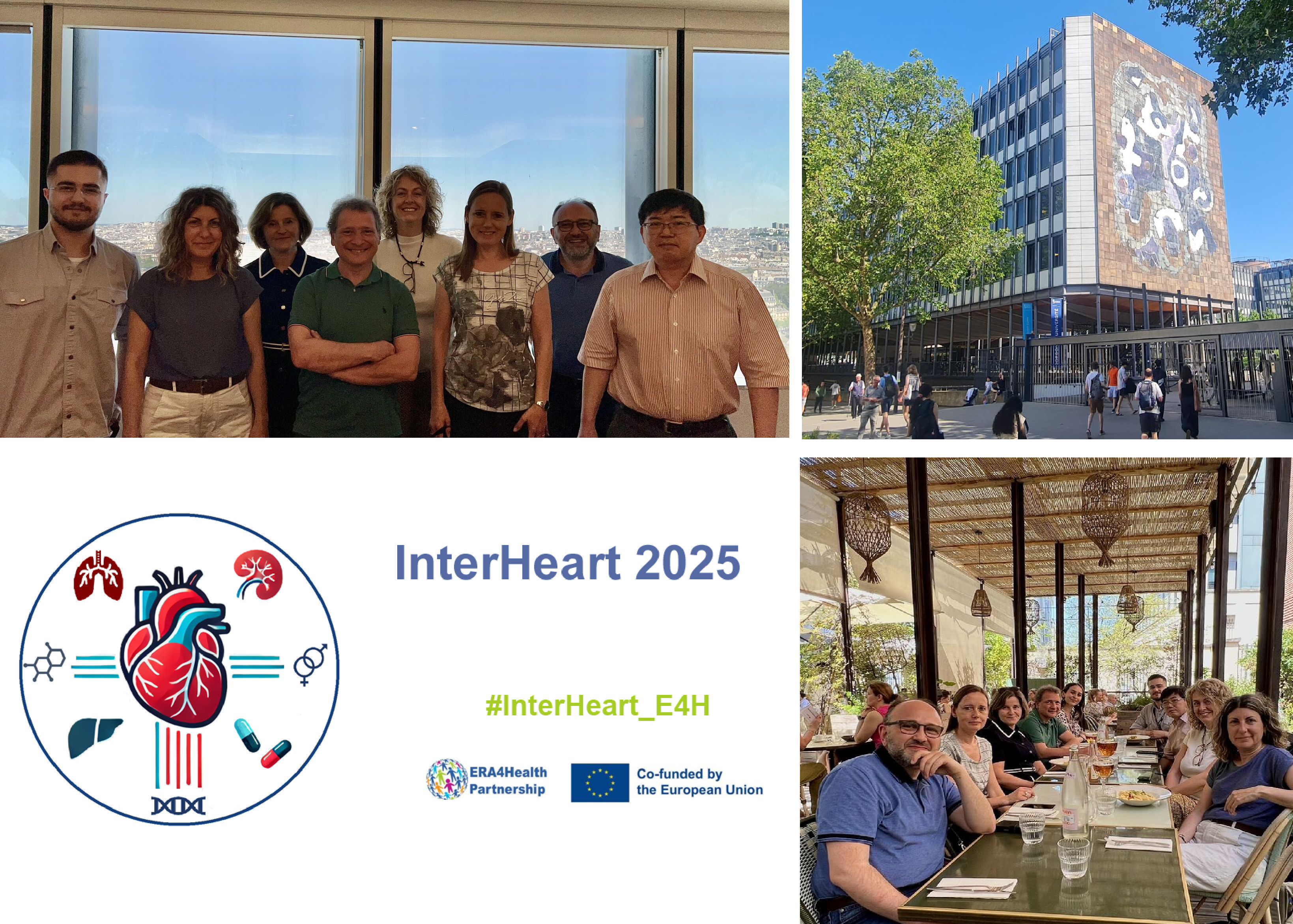 A collage related to the MuscExiaHeart project and the InterHeart 2025 call, showing members of the international consortium during the kick-off meeting in Paris, the Sorbonne University building, and the project graphic with the ERA4Health Partnership and European Union co-funding logos.